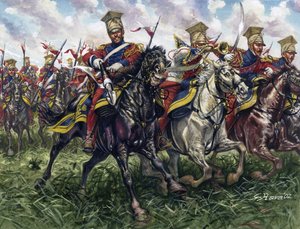 Eerste Keizerrijk: de Rode Lansiers of Regiment van Paard-Legers van de Keizerlijke Garde tijdens de Slag bij Waterloo op 18/06/1815