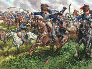 Eerste Keizerrijk: de aanval van het 15e regiment Engelse draken bij de Slag van Waterloo op 18 juni 1815 - Illustratie door Giuseppe Rava door Giuseppe Rava