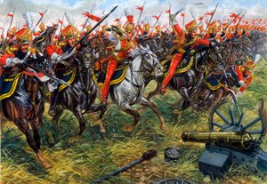 Eerste Keizerrijk: 2e regiment lansiers van de Keizerlijke Garde van Napoleon I bij de Slag bij Waterloo 18/06/1815 (Illustratie)