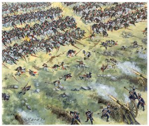 Eerste Keizerrijk, Duitse campagne: Russische infanterie verslagen bij de Slag van Leipzig in oktober 1813 - Illustratie door Giuseppe Rava