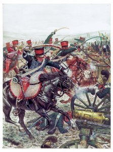 Eerste Keizerrijk: aanval van de brigade onder bevel van generaal Pierre Margaron (1765-1824) bij de Slag bij Austerlitz op 2/12/1805 - Illustratie door Giuseppe Rava