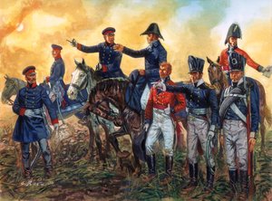 Napoleontische Oorlog: Arthur Wellesley, hertog van Wellington, en Gebhard Leberecht von Blucher bij de Slag van Waterloo 18 juni 1815 - Illustratie door Giuseppe Rava