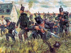 Napoleontische Oorlog: Britse scherpschutters van het 95e Regiment verdedigen een zandgroeve bij de Slag van Waterloo 18 juni 1815 - Illustratie door Giuseppe Rava