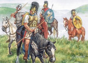 Romeinse oudheid (Republiek): een groep Romeinse ruiters - Illustratie door Giuseppe Rava door Giuseppe Rava