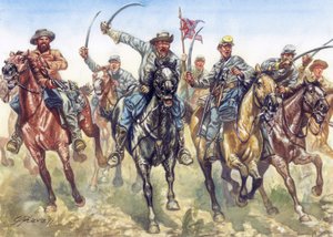 Secessieoorlog (1861-1865) - Amerikaanse burgeroorlog: de cavalerie van de confederatie die aanvalt - Illustratie door Giuseppe Rava door Giuseppe Rava
