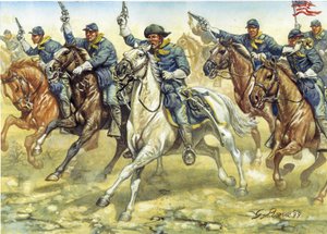 Secessieoorlog (1861-1865): soldaten van de noordelijke cavalerie (Unie) tijdens een gevecht - Amerikaanse burgeroorlog: soldaten van de cavalerie van het Noorden (Unie) tijdens een gevecht - Illustratie door Giuseppe Rava door Giuseppe Rava