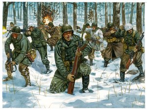 Tweede Wereldoorlog: Amerikaanse infanterieoffensief tijdens de Slag om de Ardennen in Bastogne, december 1944 - Illustratie door Giuseppe Rava door Giuseppe Rava