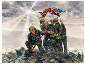 Tweede Wereldoorlog, Pacifische Oorlog: Slag om Iwo Jima, overwinning van de Amerikaanse mariniers in februari 1945 - WOII, Pacifische oorlog: Slag om Iwo Jima (Operatie Detachment), de Amerikaanse mariniers hijsen de Amerikaanse vlag, februari 1945, Japan