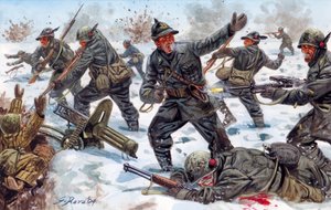 Tweede Wereldoorlog, Russisch Front: Italiaanse Alpenjagers in Rusland in januari 1943 - Illustratie door Giuseppe Rava door Giuseppe Rava