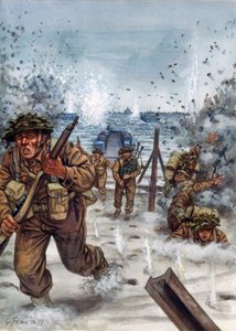 Tweede Wereldoorlog: Schotse soldaten tijdens de landing in Normandië 6/06/1944 - Illustratie door Giuseppe Rava door Giuseppe Rava