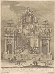 De Prima Macchina voor de Chinea van 1778: Een plattelandsbelvedère met Hercules en Antaeus door Giuseppe Vasi, after Giuseppe Palazzi