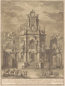 De Seconda Macchina voor de Chinea van 1776: Een paleis met een loggia voor de loterijtrekking door Giuseppe Vasi, after Giuseppe Palazzi