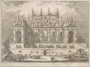 De Seconda Macchina voor de Chinea van 1764: Een Prachtige Galerij Verlicht in de Nacht door Giuseppe Vasi, after Giuseppe Palazzi, after Paolo Posi