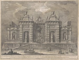 De Tweede Macchina voor de Chinea van 1774: Een Villa met Oude Monumenten en een Spel van "Giostra" door Giuseppe Vasi, after Giuseppe Palazzi, after Paolo Posi