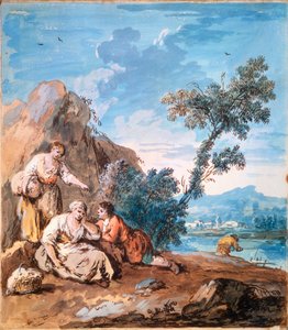 Drie boeren rustend aan een rivier, ca. 1750