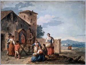 Een groep boeren voor een tabernakel met het Madonna-beeld