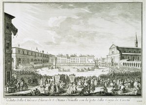 Festa della Corsa dei Cocchi op het Piazza Santa Maria Novella. Het feest van Corsa dei Cocchi plein van de Kerk van Santa Maria Novella in Florence. Tekening door Giuseppe Zocchi. Firenze, Biblioteca Riccardiana. door Giuseppe Zocchi