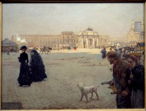 De Place du Carrousel ruïnes van de Tuilerieën in 1882. Tafel die een uitzicht op Parijs voorstelt. Schilderij door Giuseppe De Nittis (1846 - 1884)
