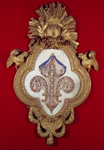 De Fleur de France, genealogische boom met dertien portretten van Lodewijk XV (1710-74) en zijn nakomelingen in een fleur-de-lys gevormde lijst, 1765 (goud en email)