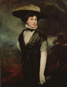 Portret van Amy Bird, de actrice, staand driekwart lengte, in het zwart, een landschap op de achtergrond, c.1909