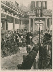 Verdeling van de liefdadigheid in Whitehall (gravure)
