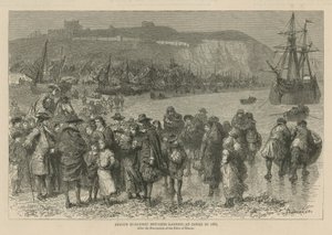 De hugenoten in Engeland: Franse Hugenoten-vluchtelingen landen in Dover in 1685 (gravure)