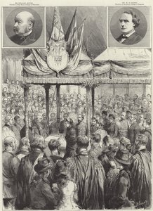 De koningin legt de eerste steen van de nieuwe medische onderzoekshal op de Victoria Embankment (gravure) door Godefroy Durand