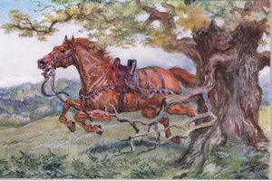 Onvergeven: lege zadel op zijn rug, uit Gedichten van Adam Lindsay Gordon uitgegeven door T. N. Foulis, 1912