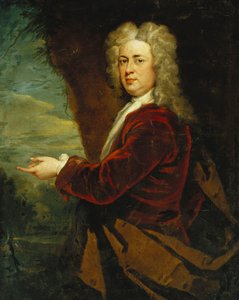 Portret van een Heer, Halflang, Dragend een Rood Fluwelen Jasje en een Bruine Mantel in een Park