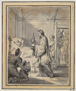 Man op zijn sterfbed met priester en anderen door Godfried Maes
