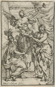 Minerva, Hercules en Faam met wapenschild door Godfried Maes