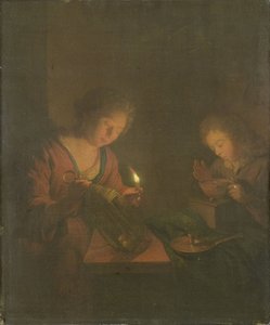 Vuur en Licht (Een Meisje Plaatst een Kaars in een Lantaarn en een Jongen Blaast op de Kolen in een Stoof) door Godfried Schalcken (attributed to)