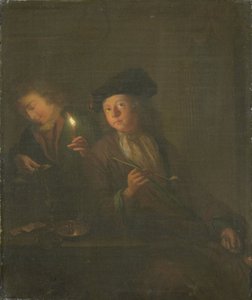 De roker (Een man met een pijp en een man die een drankje in een glas schenkt) door Godfried Schalcken (attributed to)