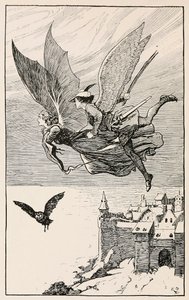 De reisgenoot vloog achter haar aan, uit Sprookjes van Hans Anderson, pub 1919