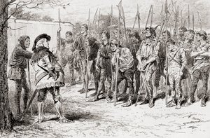 Een scène uit William Shakespeares toneelstuk Henry IV, Deel 1, Act IV, Scene 2, Falstaffs gehavende regiment, uit De Werken van William Shakespeare, gepubliceerd 1896 door Gordon Frederick Browne