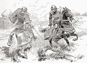 Een scène uit William Shakespeares toneelstuk Henry IV, Deel 1, Act V, Scene 3, Graaf van Douglas: Alles is gedaan, alles is gewonnen, hier ligt de koning ademloos, uit De Werken van William Shakespeare, gepubliceerd 1896