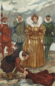 Sir Walter Raleigh biedt zijn mantel aan aan koningin Elizabeth I