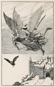 De reisgenoot vloog achter haar aan, uit Sprookjes van Hans Andersen, uitgegeven 1919 (gravure)