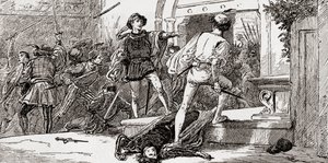 Tybalt gedood door Romeo, scène uit William Shakespeares Romeo en Julia, Act III, Scene 1, uit De Werken van William Shakespeare, gepubliceerd 1896