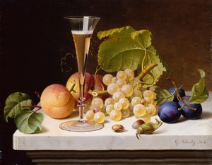 Druiven, Perziken, Pruimen, Noten en een Glas Champagne op een Marmeren Rand