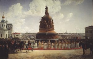 De Wijding van het Monument voor het Millennium van Rusland in Novgorod in 1862, 1864 door Gottfried Willewalde