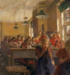 Naailes in het weeshuis (olieverf op doek) door Gotthardt Johann Kuehl