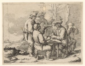 Vijf boeren aan tafel in de buitenlucht (Landelijke gezelligheid)
