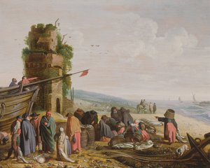 Vissers op het strand met hun vangst door Govaert Jansz