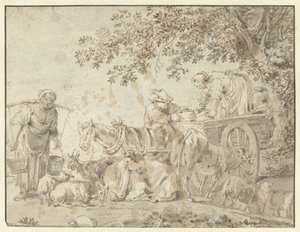 Boeren en vee bij een boerenwagen door Govert Dircksz. Camphuysen (possibly)
