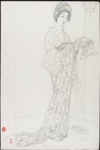 Voorbereidende tekening voor vrouw in kimono-ondergoed