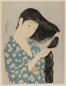 Vrouw die haar haar kamt, Taisho-periode, maart 1920 (kleur houtsnede)