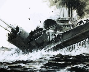 In de Chinese Zeeën in 1930 ramde het 2.000 ton metende stoomschip Yuta de zijkant van de onderzeeër Poseidon. door Graham Coton