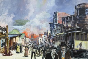 De brand en aardbeving van San Francisco in 1906 (gouache op papier) door Graham Coton