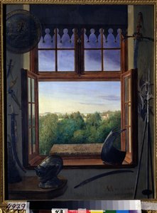 Uitzicht op het Alexanderpark vanuit het raam van de wapenkamer in het paleis in Tsarkoye Selo